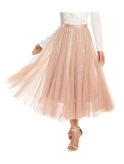 Mliyasan Womens Tulle Skirts Midi Elastic High Waist Pleated Mesh Flowy A-Line Party Long Tutu Skirts