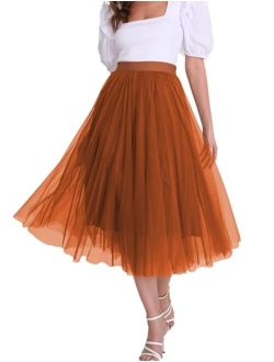 Mliyasan Womens Tulle Skirts Midi Elastic High Waist Pleated Mesh Flowy A-Line Party Long Tutu Skirts