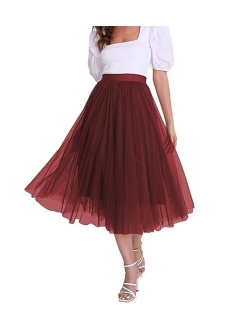 Mliyasan Womens Tulle Skirts Midi Elastic High Waist Pleated Mesh Flowy A-Line Party Long Tutu Skirts