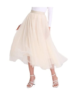 Mliyasan Womens Tulle Skirts Midi Elastic High Waist Pleated Mesh Flowy A-Line Party Long Tutu Skirts