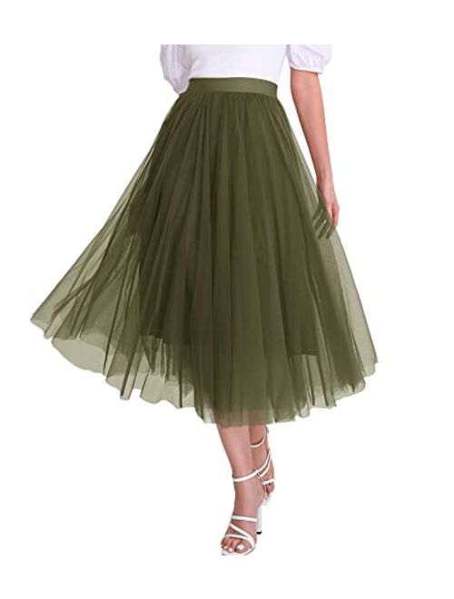 Mliyasan Womens Tulle Skirts Midi Elastic High Waist Pleated Mesh Flowy A-Line Party Long Tutu Skirts