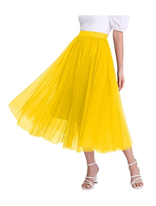 Mliyasan Womens Tulle Skirts Midi Elastic High Waist Pleated Mesh Flowy A-Line Party Long Tutu Skirts