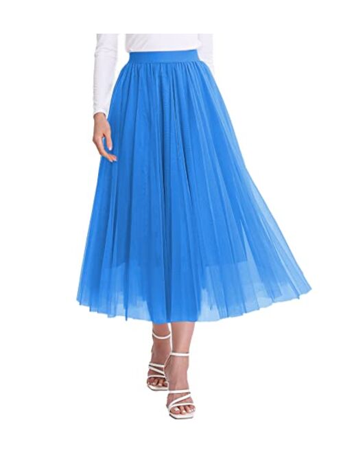 Mliyasan Womens Tulle Skirts Midi Elastic High Waist Pleated Mesh Flowy A-Line Party Long Tutu Skirts