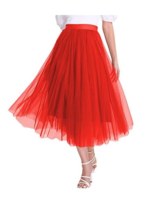 Mliyasan Womens Tulle Skirts Midi Elastic High Waist Pleated Mesh Flowy A-Line Party Long Tutu Skirts