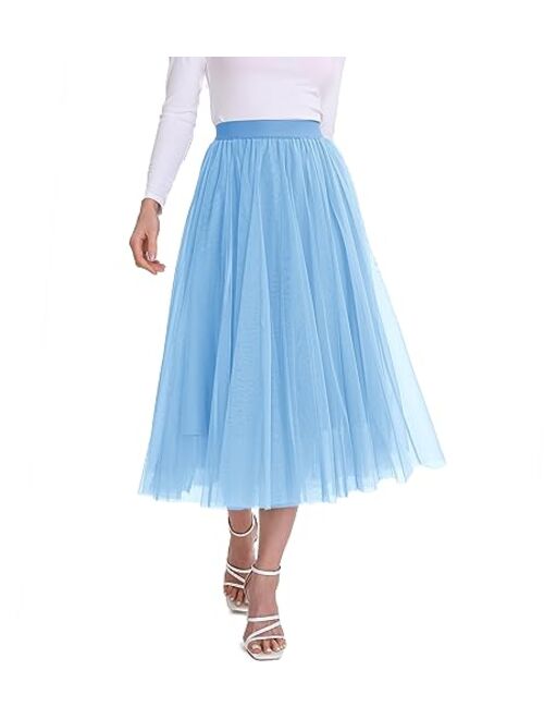 Mliyasan Womens Tulle Skirts Midi Elastic High Waist Pleated Mesh Flowy A-Line Party Long Tutu Skirts