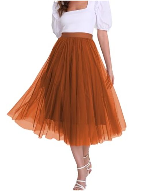 Mliyasan Womens Tulle Skirts Midi Elastic High Waist Pleated Mesh Flowy A-Line Party Long Tutu Skirts