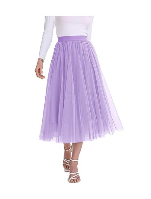 Mliyasan Womens Tulle Skirts Midi Elastic High Waist Pleated Mesh Flowy A-Line Party Long Tutu Skirts