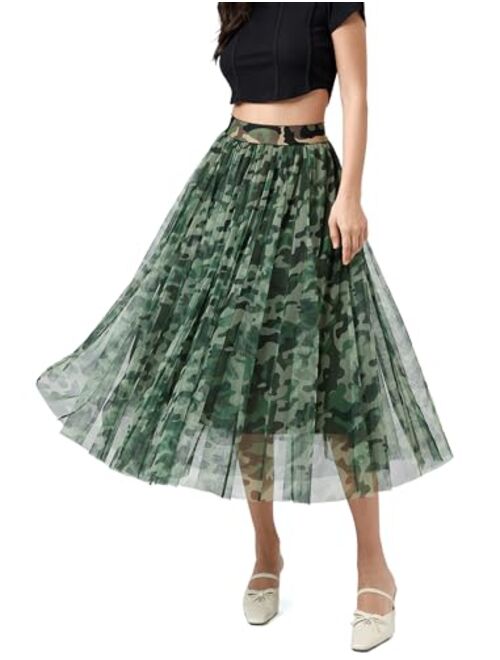 Mliyasan Womens Tulle Skirts Midi Elastic High Waist Pleated Mesh Flowy A-Line Party Long Tutu Skirts