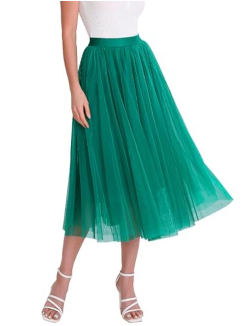 Mliyasan Womens Tulle Skirts Midi Elastic High Waist Pleated Mesh Flowy A-Line Party Long Tutu Skirts