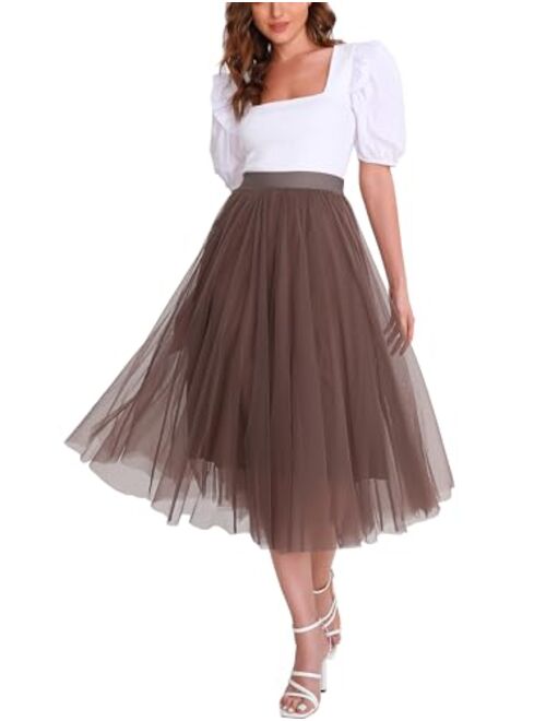 Mliyasan Womens Tulle Skirts Midi Elastic High Waist Pleated Mesh Flowy A-Line Party Long Tutu Skirts