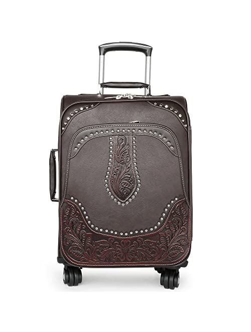 Montana West Western Tooling Luggage Embossed Vegan Leather Spinner Wheels Suitcase for Travel, Large Brown MBB-WRL-L1BR