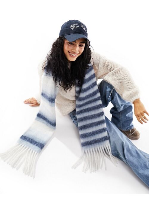 Only soft tassel scarf in blue and white stripe