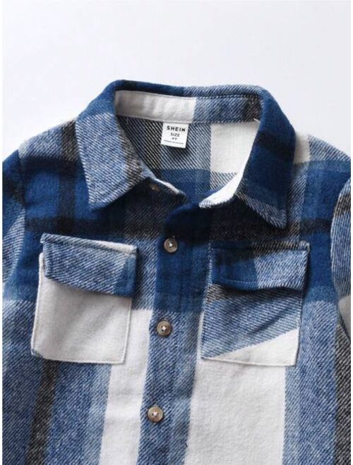 SHEIN Kids EVRYDAY Young Boy Plaid Print Flap Pocket Shirt Without Tee