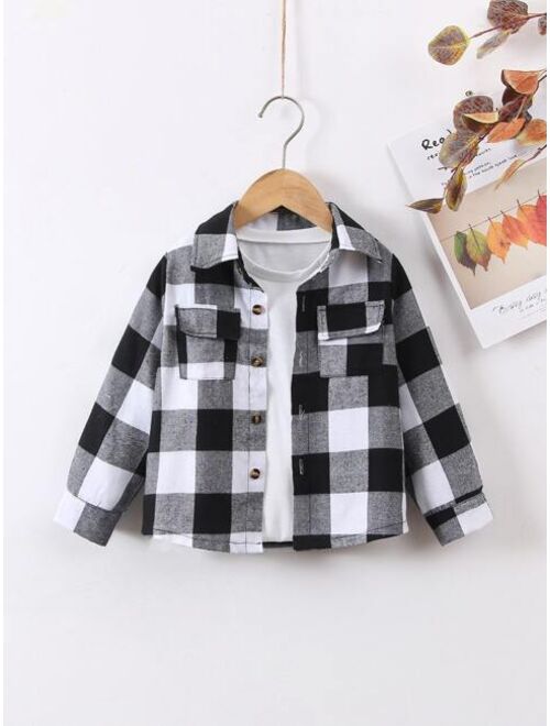 SHEIN Kids EVRYDAY Young Boy Plaid Print Flap Pocket Shirt Without Tee