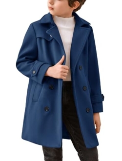 Haloumoning Boys Double Breasted Peacoat Notched Lapel Collar Wool Blend Long Coat with Pockets