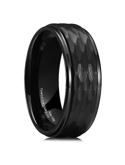 King Will Hammer 8mm Silver Tungsten Ring Hammered Multi-Faceted Men Wedding Band Polished Domed Brushed Step Edge Comfort Fit