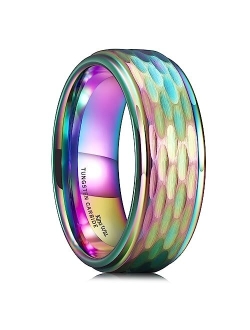 King Will Hammer 8mm Silver Tungsten Ring Hammered Multi-Faceted Men Wedding Band Polished Domed Brushed Step Edge Comfort Fit