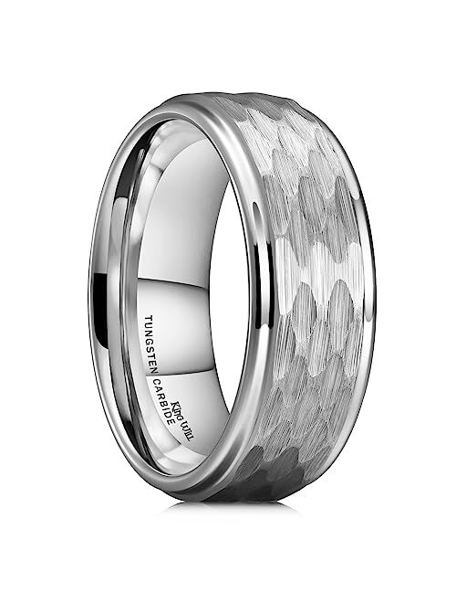 King Will Hammer 8mm Silver Tungsten Ring Hammered Multi-Faceted Men Wedding Band Polished Domed Brushed Step Edge Comfort Fit