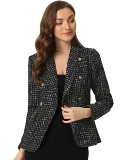 Tweed Blazer for Women's Notch Lapels Double Breasted Plaid Jacket Work Office Blazer