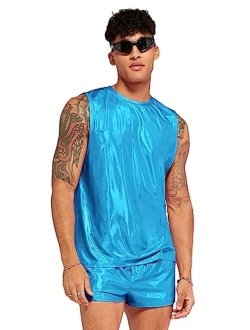 Men's 2 Piece Outfit Metallic Round Neck Sleeveless Tank Top and Drawstring Pocket Shorts