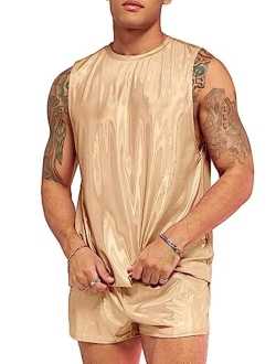 Men's 2 Piece Outfit Metallic Round Neck Sleeveless Tank Top and Drawstring Pocket Shorts