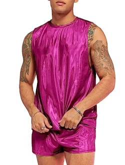 Men's 2 Piece Outfit Metallic Round Neck Sleeveless Tank Top and Drawstring Pocket Shorts