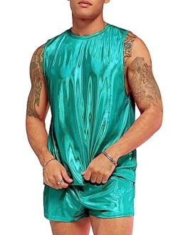 Men's 2 Piece Outfit Metallic Round Neck Sleeveless Tank Top and Drawstring Pocket Shorts