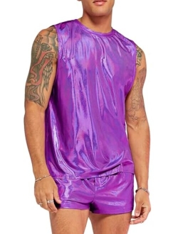 Men's 2 Piece Outfit Metallic Round Neck Sleeveless Tank Top and Drawstring Pocket Shorts