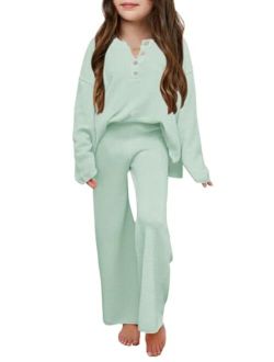 Haloumoning Girls 2 Piece Outfit Set Long Sleeve Button Knit Pullover Sweater Top and Wide Leg Pants Sweatsuit 5-14 Years