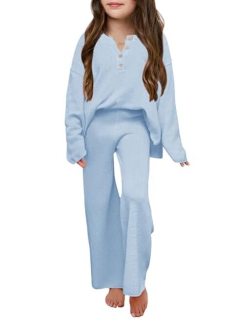 Haloumoning Girls 2 Piece Outfit Set Long Sleeve Button Knit Pullover Sweater Top and Wide Leg Pants Sweatsuit 5-14 Years