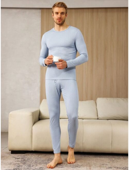 Shein Men's Thermal Ribbed Underwear Set - Long Sleeve Top And Bottom