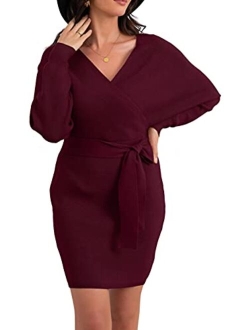 Women's V Neck Batwing Long Sleeve Sexy Backless Wrap Bodycon Cocktail Pullover Sweater Mini Dress with Belt