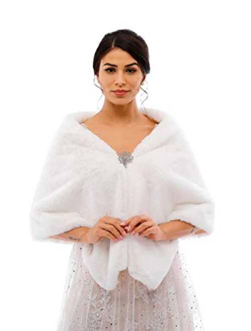 Jovono Women's Bride Wedding Faux Fur Shawl Wrap Bridal Fur Scarf Fur Wraps and Shawls for Women