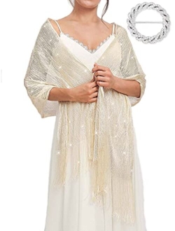 EASEDAILY Women's Shawls and Wraps for Evening Dresses Sparkling Wedding Scarf Fringe Bridal Capelet for Bride and Bridesmaid