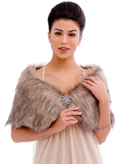 Aukmla Wedding Party Fur Wraps and Shawls Bridal Fur Stole Sleeveless Faux Fur Shawl with Stunning Rhinestones Crystal Brooch