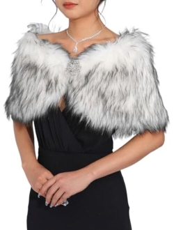 Aukmla Wedding Party Fur Wraps and Shawls Bridal Fur Stole Sleeveless Faux Fur Shawl with Stunning Rhinestones Crystal Brooch