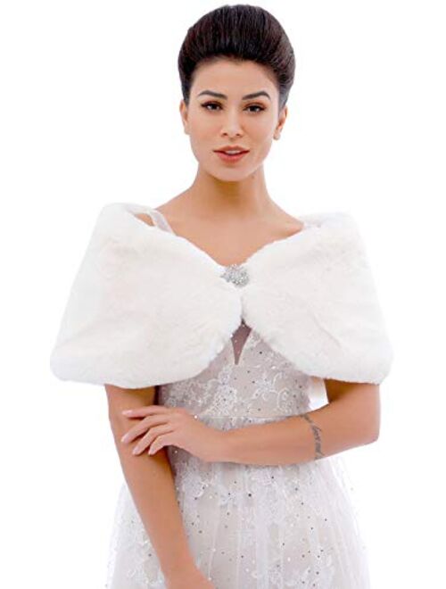 Aukmla Wedding Party Fur Wraps and Shawls Bridal Fur Stole Sleeveless Faux Fur Shawl with Stunning Rhinestones Crystal Brooch