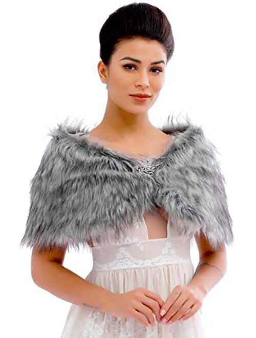 Aukmla Wedding Party Fur Wraps and Shawls Bridal Fur Stole Sleeveless Faux Fur Shawl with Stunning Rhinestones Crystal Brooch