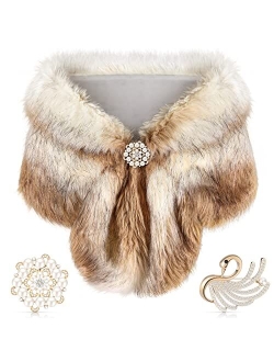 Geyoga Faux Fur Shawl Wrap Stole Shrug Winter Bridal Wedding Scarf Wrap with Faux Pearl Rhinestone Brooches for Women 1920s