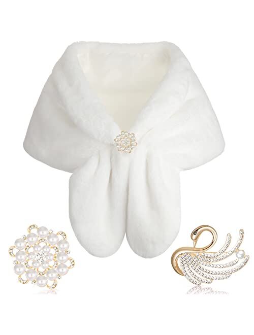 Geyoga Faux Fur Shawl Wrap Stole Shrug Winter Bridal Wedding Scarf Wrap with Faux Pearl Rhinestone Brooches for Women 1920s