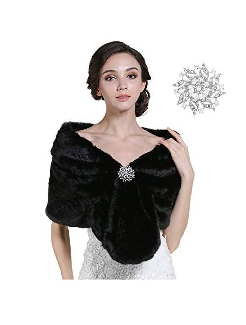 GORTIN Bride Wedding Faux Fur Shawl and Wraps Bridal Sleeveless Fur Stoles with Brooch for Brides and Bridesmaids