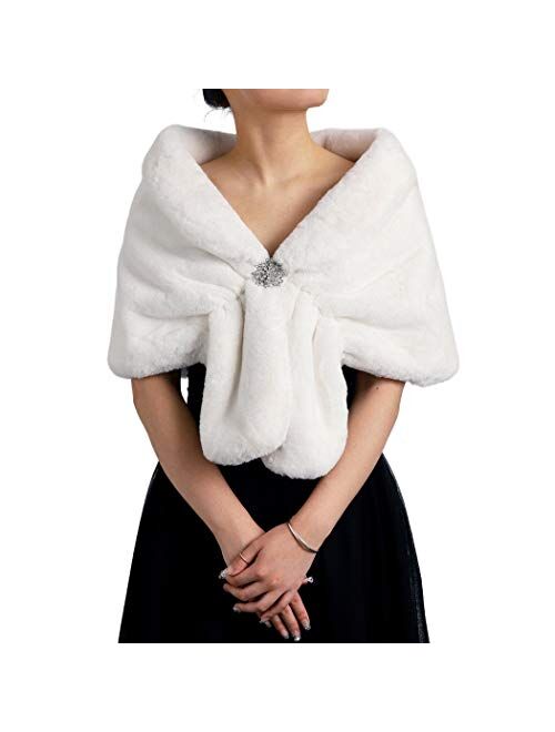 GORTIN Bride Wedding Faux Fur Shawl and Wraps Bridal Sleeveless Fur Stoles with Brooch for Brides and Bridesmaids