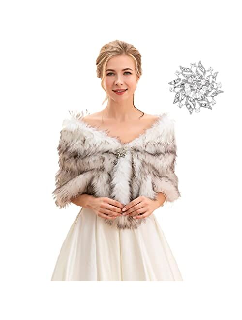 GORTIN Bride Wedding Faux Fur Shawl and Wraps Bridal Sleeveless Fur Stoles with Brooch for Brides and Bridesmaids