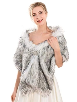 Unicra Women's Wedding Faux Fur Shawls and Wraps Bridal Fur Scarf Stoles with Rhinestones Brooch for Bride and Bridesmaids