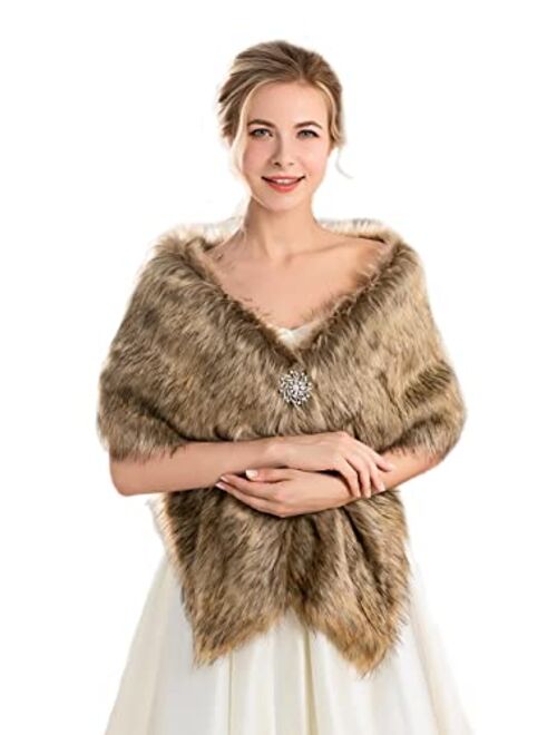 Unicra Women's Wedding Faux Fur Shawls and Wraps Bridal Fur Scarf Stoles with Rhinestones Brooch for Bride and Bridesmaids