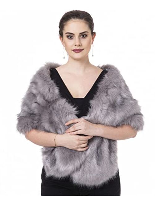 Lucky Leaf Women Luxurious Large Winter Faux Fur Scarf Wrap Collar Shrug for Lady Poncho Wedding Dinner Party