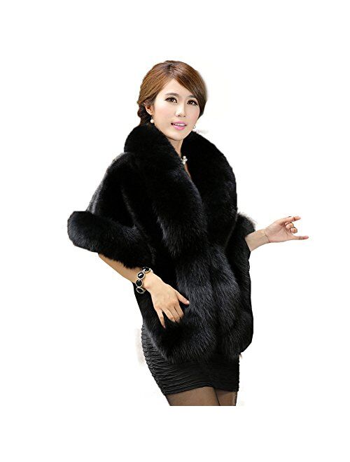 Caracilia Women Luxury Faux Fur Coat Jackets Wrap Cape Shawl for Wedding Party