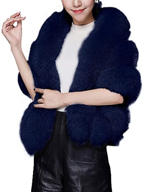 Caracilia Women Luxury Faux Fur Coat Jackets Wrap Cape Shawl for Wedding Party