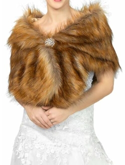 EASEDAILY Women's Fur Shawls and Wraps Wedding Fur Scarf Faux Bridal Fur Stole with Brooch for Brides and Bridesmaids