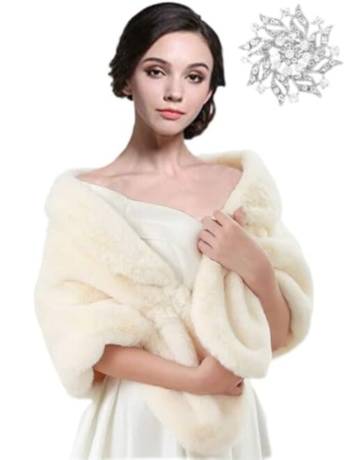 EASEDAILY Women's Fur Shawls and Wraps Wedding Fur Scarf Faux Bridal Fur Stole with Brooch for Brides and Bridesmaids